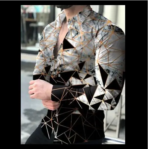 Men's Gradient Digital Printed Lapel Shirt White Black - Image 31