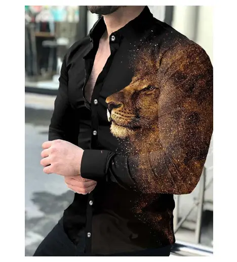 Men's Gradient Digital Printed Lapel Shirt White Black - Image 35