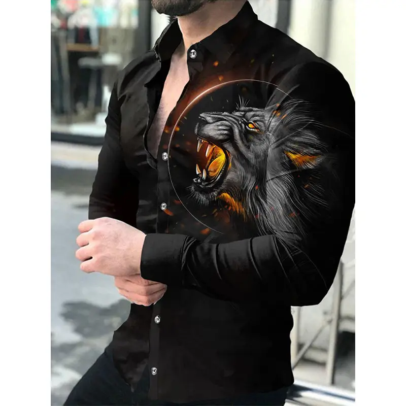 Men's Gradient Digital Printed Lapel Shirt White Black - Image 36