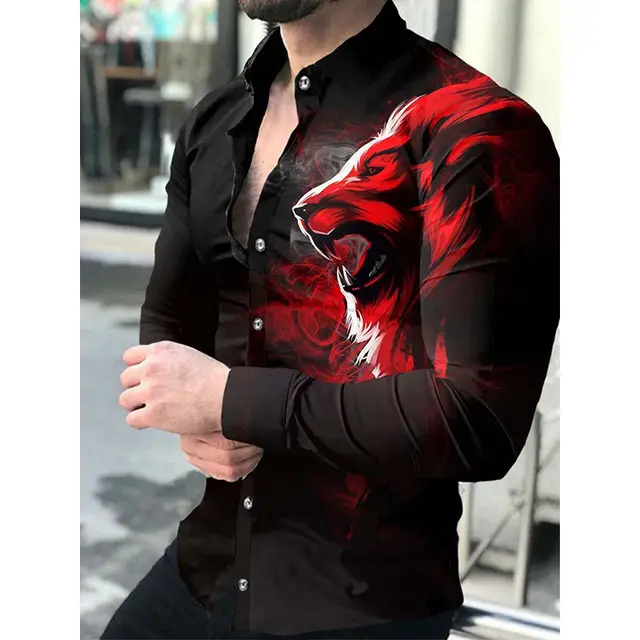 Men's Gradient Digital Printed Lapel Shirt White Black - Image 37