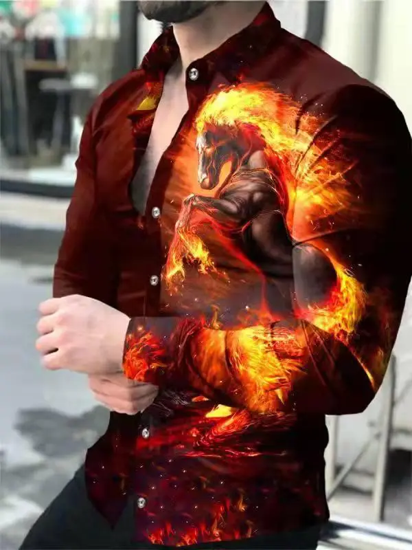 Men's Gradient Digital Printed Lapel Shirt White Black - Image 38