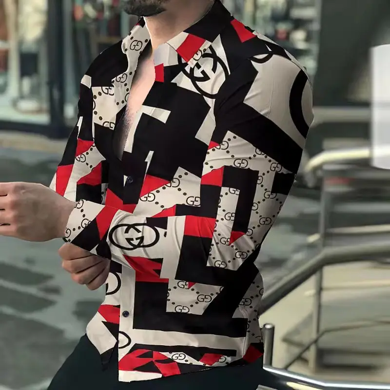 Men's Gradient Digital Printed Lapel Shirt White Black - Image 40