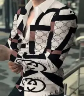 Men's Gradient Digital Printed Lapel Shirt White Black - Image 41