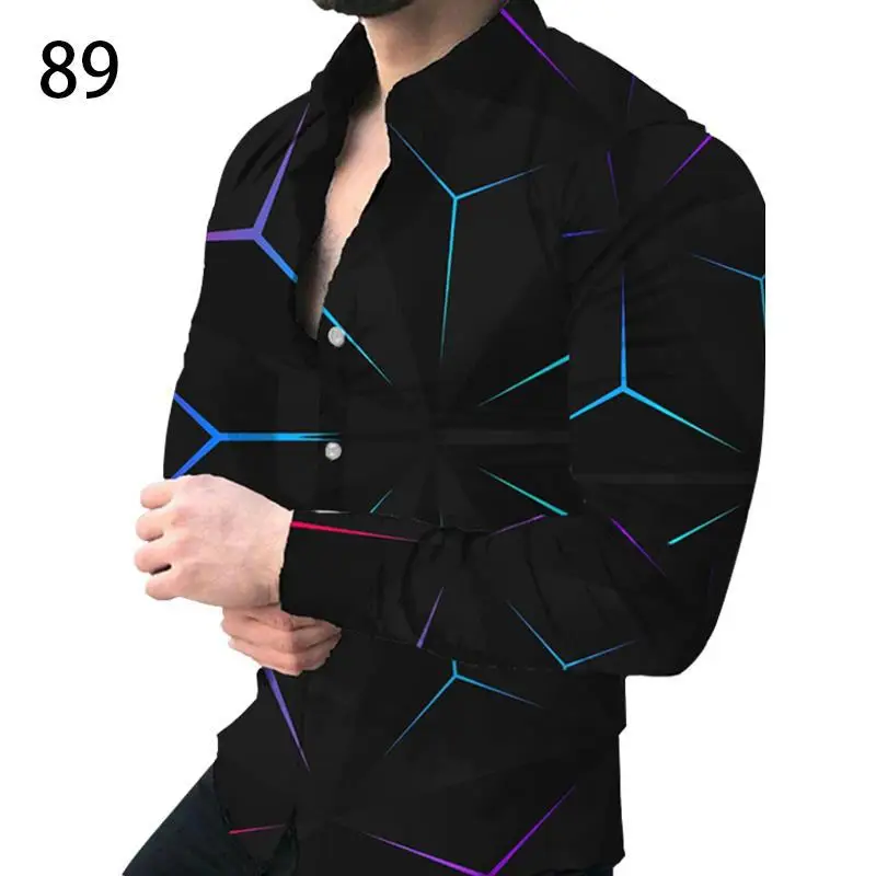 Men's Gradient Digital Printed Lapel Shirt White Black - Image 7