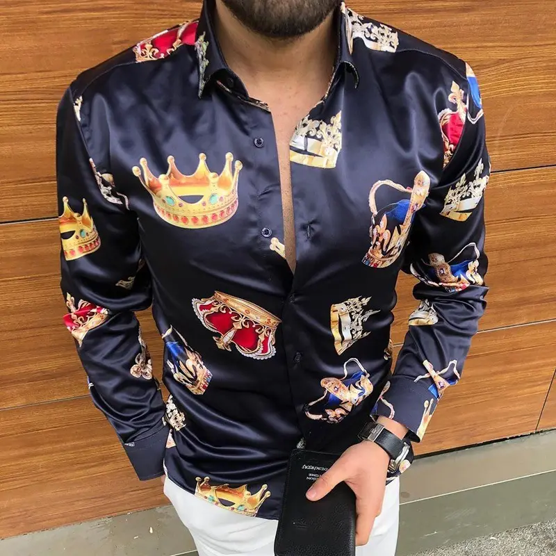 Men's Gradient Digital Printed Lapel Shirt White Black - Image 9