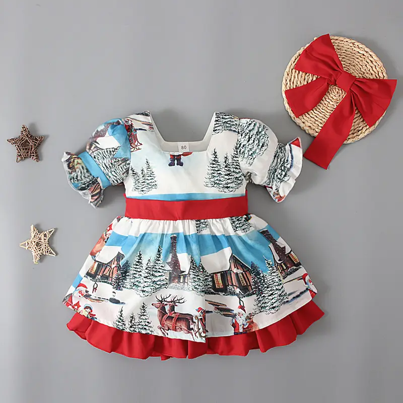 Girls Christmas Puff Sleeve Ruffled Dress - Image 3