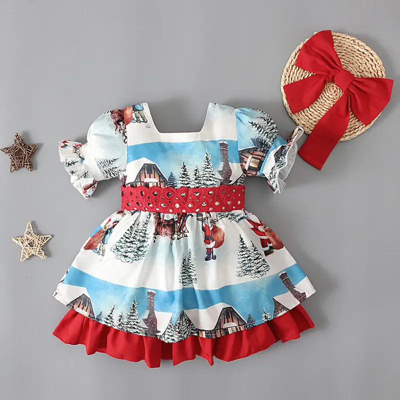 Girls Christmas Puff Sleeve Ruffled Dress - Image 4