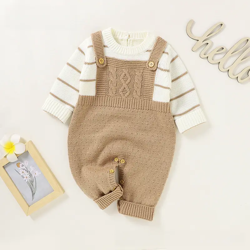 New Baby Fake Two-Piece Suit Beige Striped Overalls