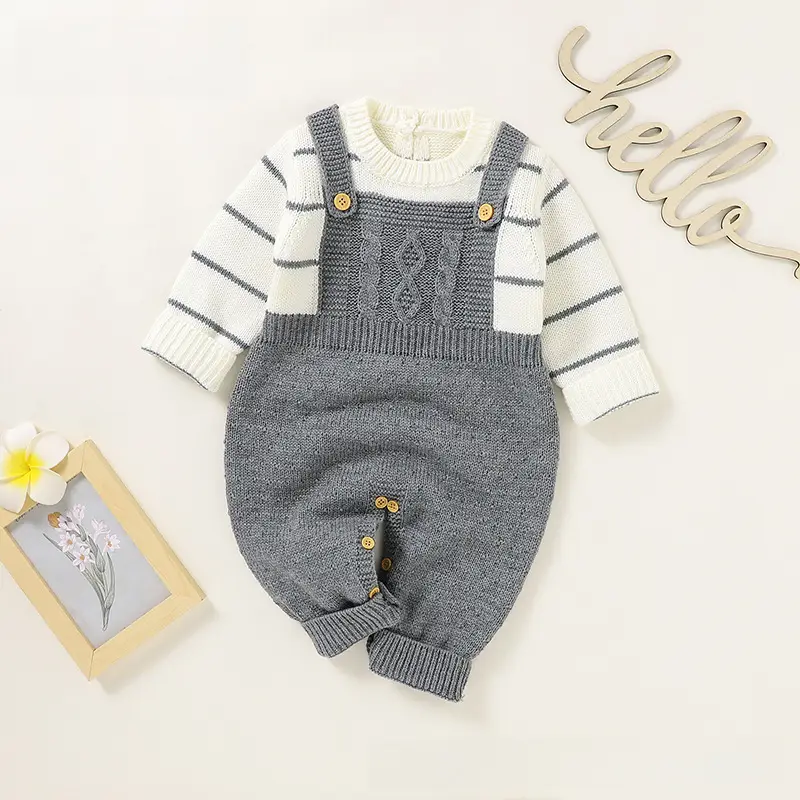 New Baby Fake Two-Piece Suit Beige Striped Overalls