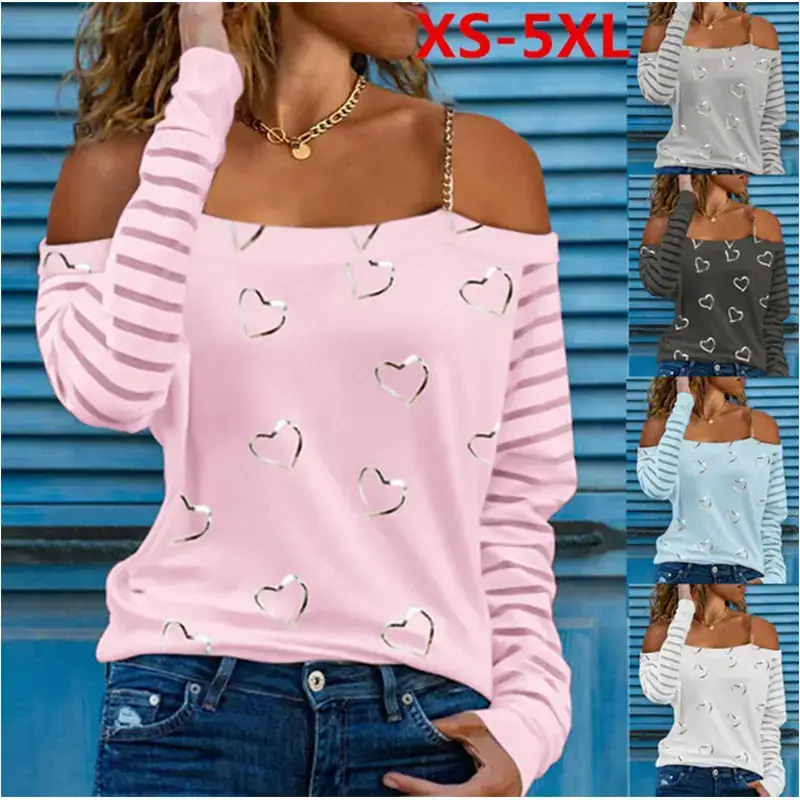 Women's Heart Print Long Sleeve T-Shirt Grey - Image 5