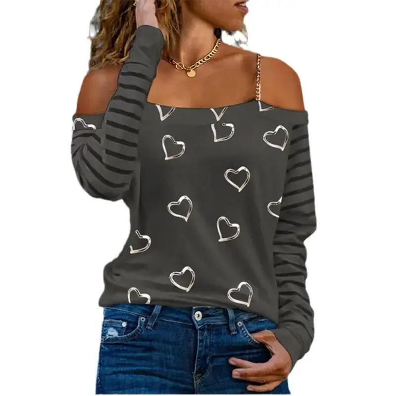 Women's Heart Print Long Sleeve T-Shirt Grey - Image 9