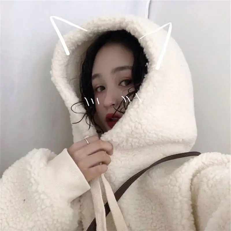 Women's Winter Hooded Sweatshirt Cream Loose Fit - Image 3
