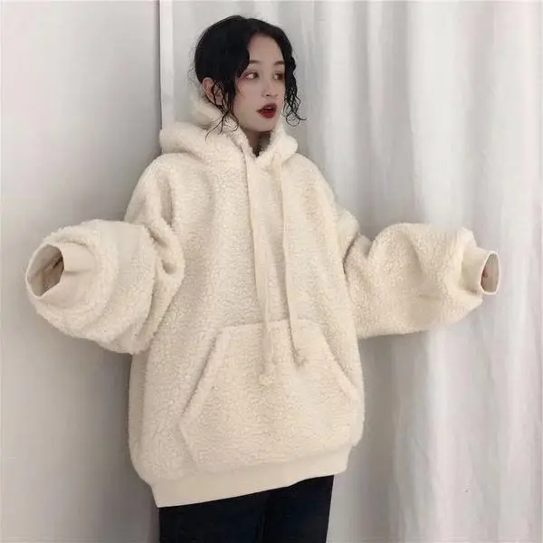 Women's Winter Hooded Sweatshirt Cream Loose Fit - Image 4