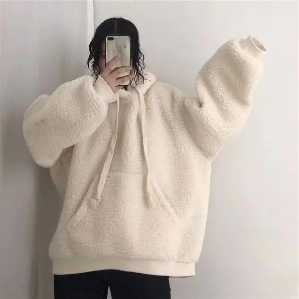 Women's Winter Hooded Sweatshirt Cream Loose Fit - Image 5