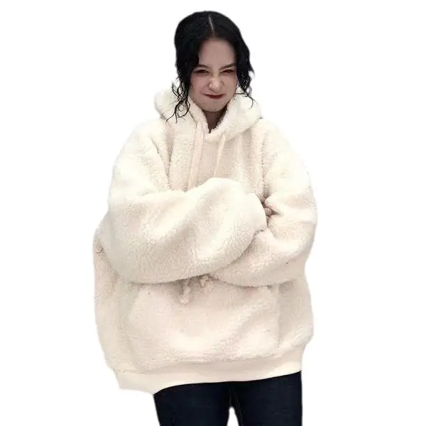 Women's Winter Hooded Sweatshirt Cream Loose Fit - Image 6