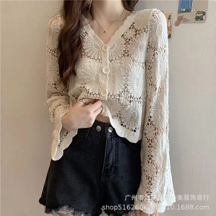 Sweet Age Reducing Crochet V-Neck Sunscreen Coat Women - Image 46