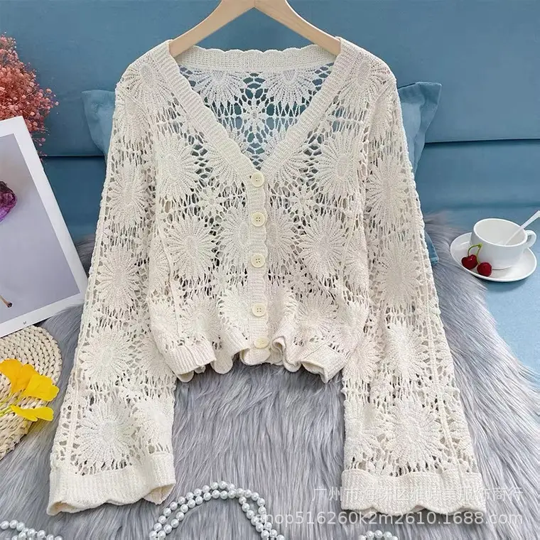 Sweet Age Reducing Crochet V-Neck Sunscreen Coat Women - Image 47
