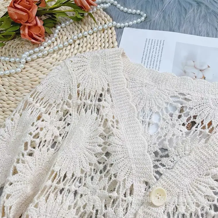 Sweet Age Reducing Crochet V-Neck Sunscreen Coat Women - Image 48