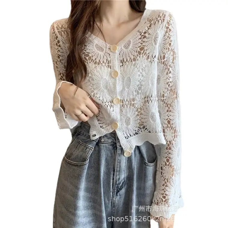 Sweet Age Reducing Crochet V-Neck Sunscreen Coat Women - Image 49