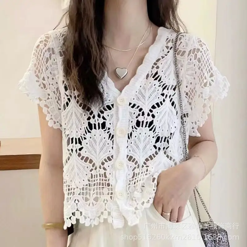 Sweet Age Reducing Crochet V-Neck Sunscreen Coat Women - Image 10