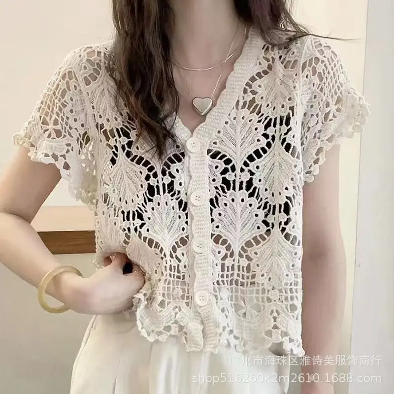 Sweet Age Reducing Crochet V-Neck Sunscreen Coat Women - Image 11