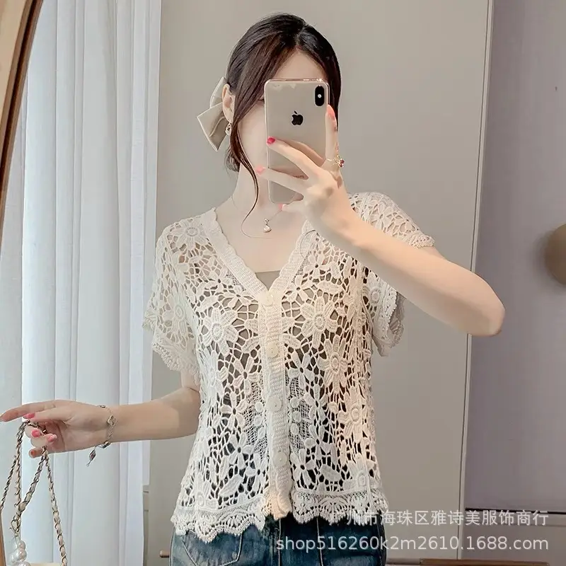 Sweet Age Reducing Crochet V-Neck Sunscreen Coat Women - Image 15