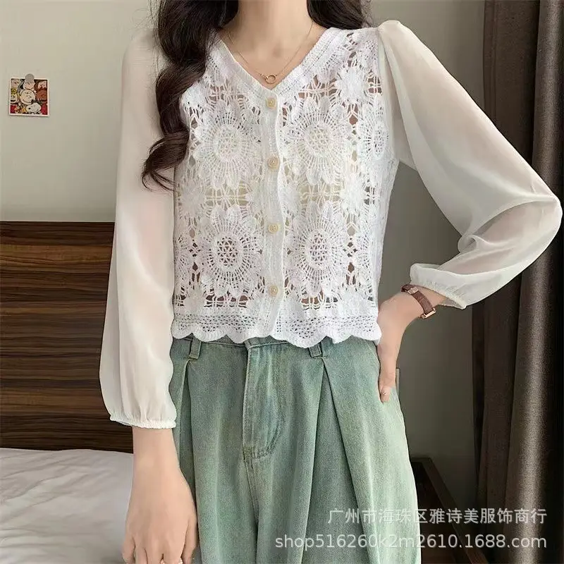 Sweet Age Reducing Crochet V-Neck Sunscreen Coat Women - Image 16