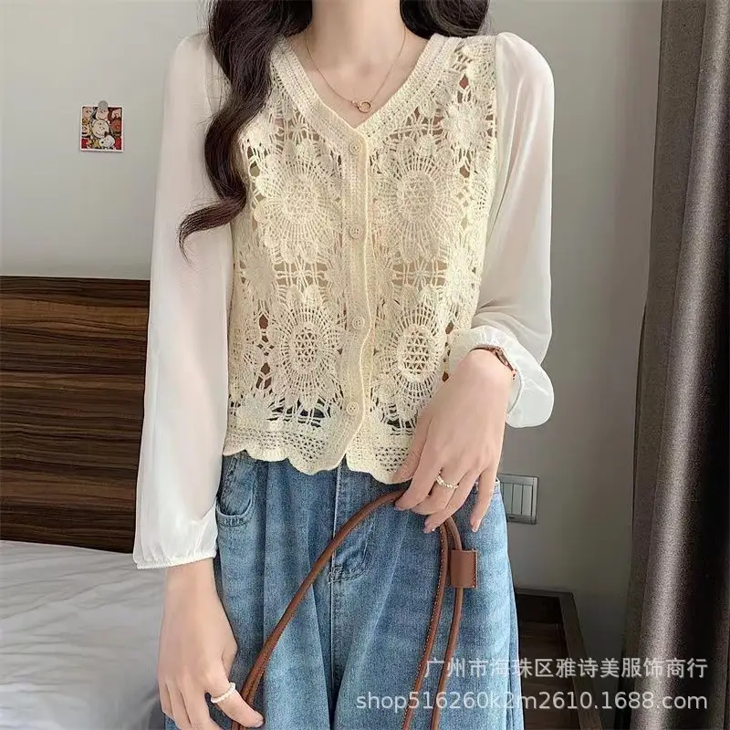 Sweet Age Reducing Crochet V-Neck Sunscreen Coat Women - Image 17