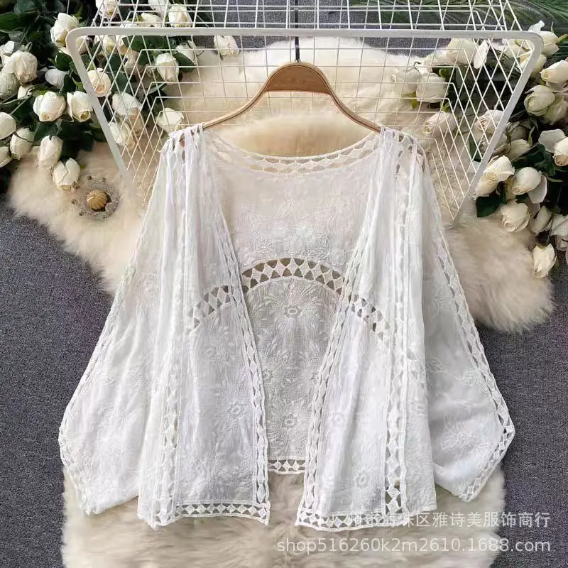 Sweet Age Reducing Crochet V-Neck Sunscreen Coat Women - Image 18