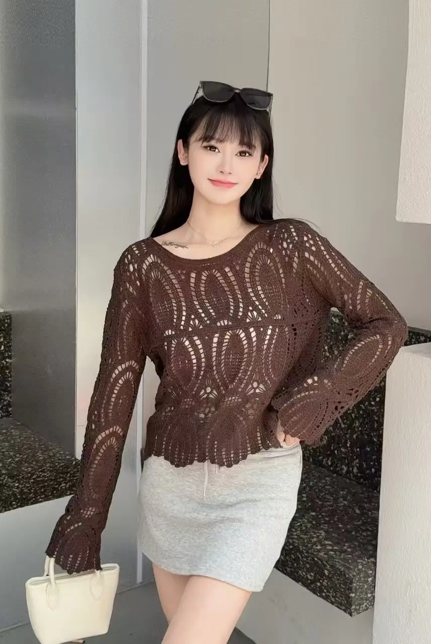 Sweet Age Reducing Crochet V-Neck Sunscreen Coat Women - Image 25