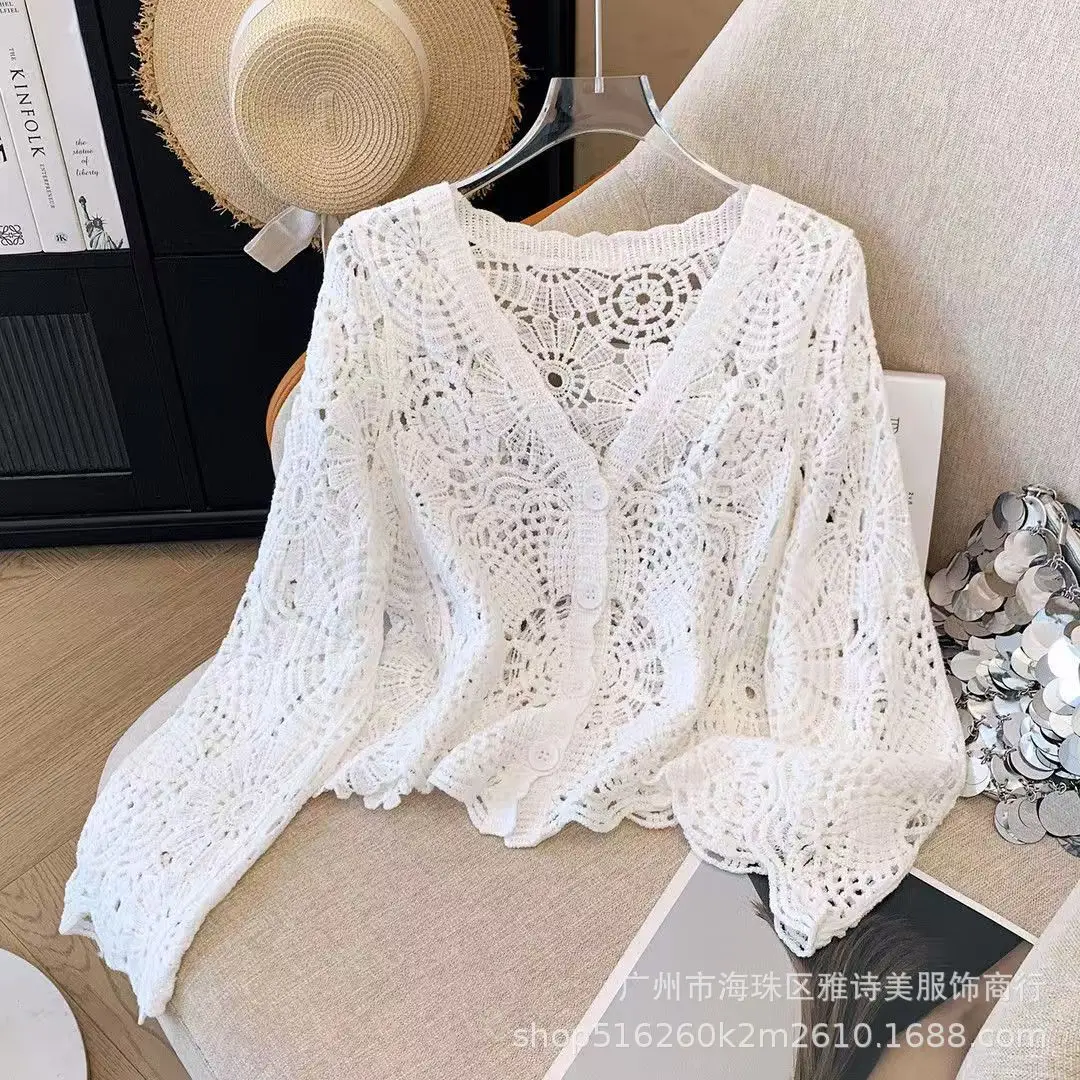 Sweet Age Reducing Crochet V-Neck Sunscreen Coat Women - Image 26