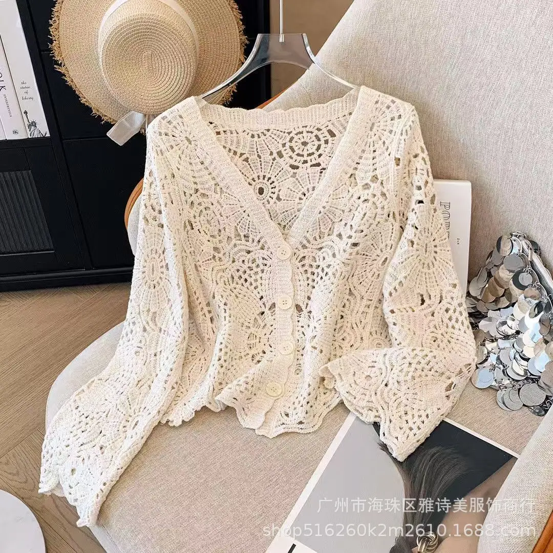 Sweet Age Reducing Crochet V-Neck Sunscreen Coat Women - Image 27