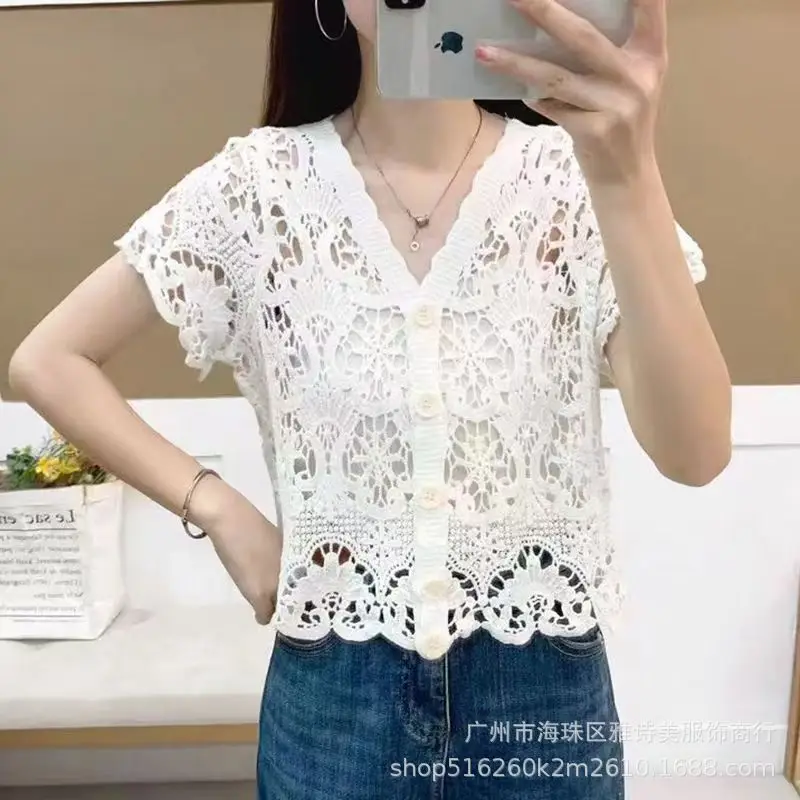 Sweet Age Reducing Crochet V-Neck Sunscreen Coat Women - Image 28