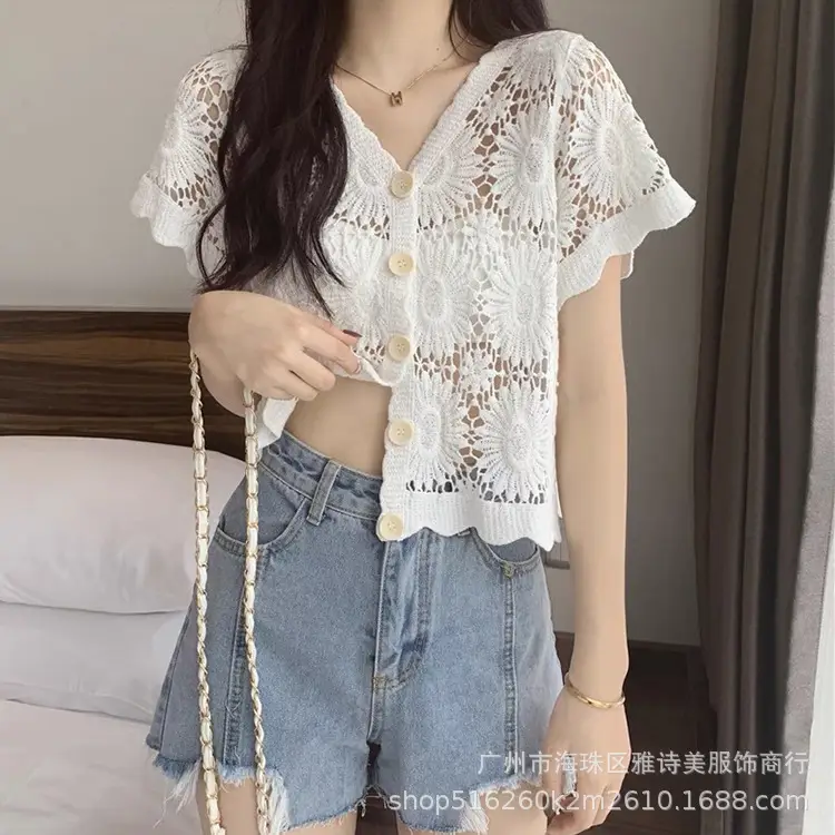 Sweet Age Reducing Crochet V-Neck Sunscreen Coat Women - Image 3
