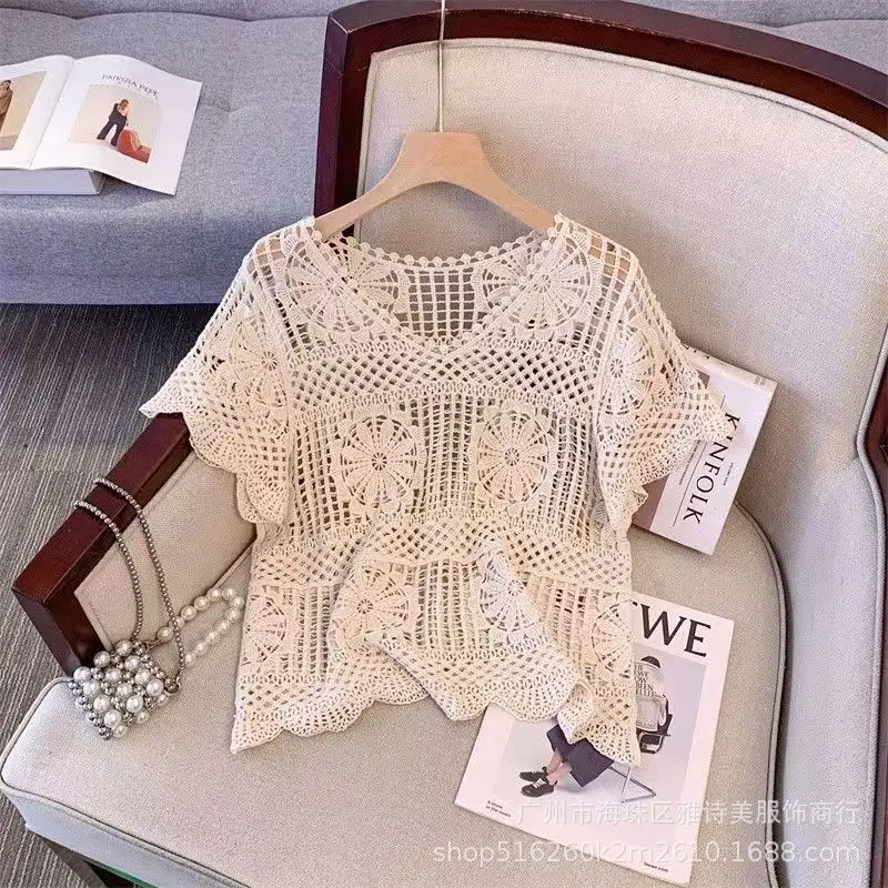 Sweet Age Reducing Crochet V-Neck Sunscreen Coat Women - Image 35