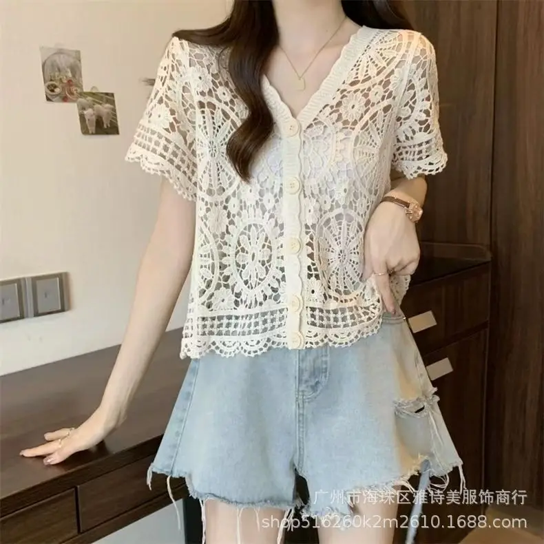 Sweet Age Reducing Crochet V-Neck Sunscreen Coat Women - Image 38