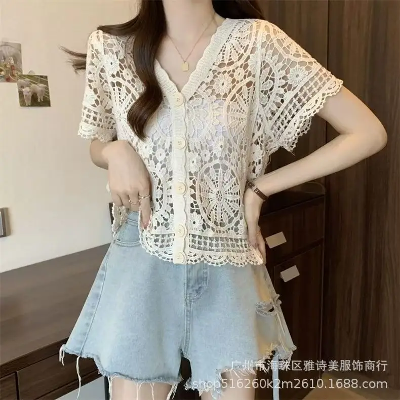 Sweet Age Reducing Crochet V-Neck Sunscreen Coat Women - Image 39
