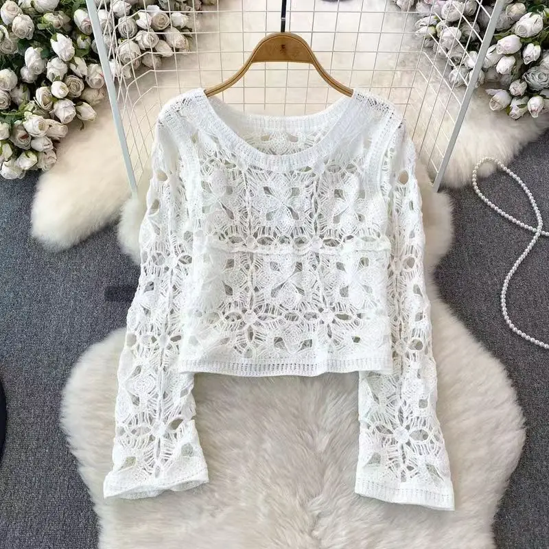 Sweet Age Reducing Crochet V-Neck Sunscreen Coat Women - Image 42