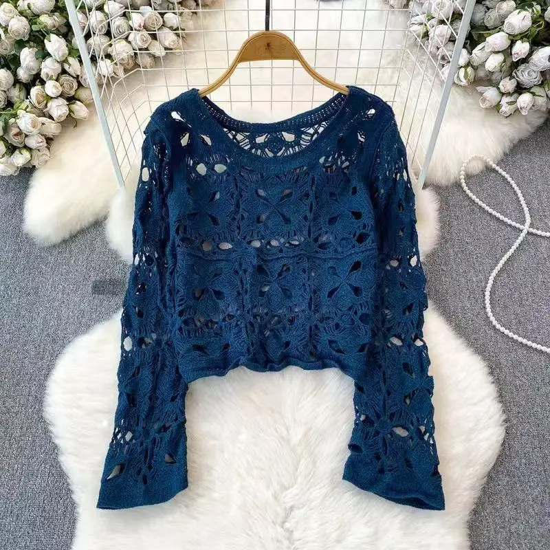 Sweet Age Reducing Crochet V-Neck Sunscreen Coat Women - Image 44