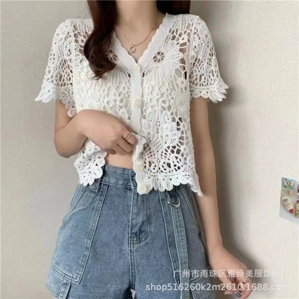 Sweet Age Reducing Crochet V-Neck Sunscreen Coat Women - Image 8