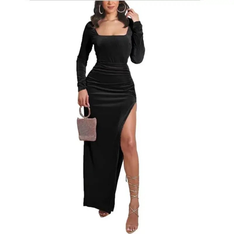 Black Velvet High Waist Split Dress with Square Collar - Image 6