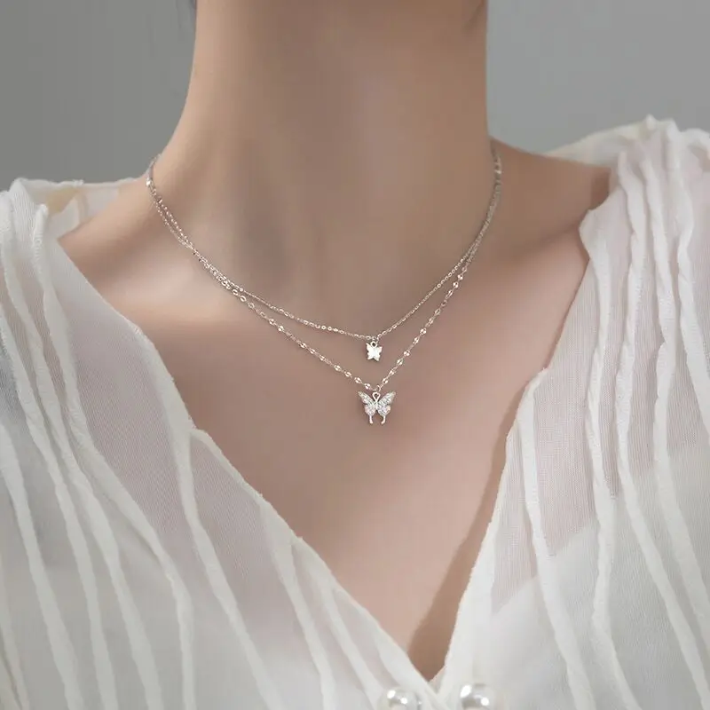 Women's Butterfly Clavicle Necklace with Double Layered Chain - Image 4