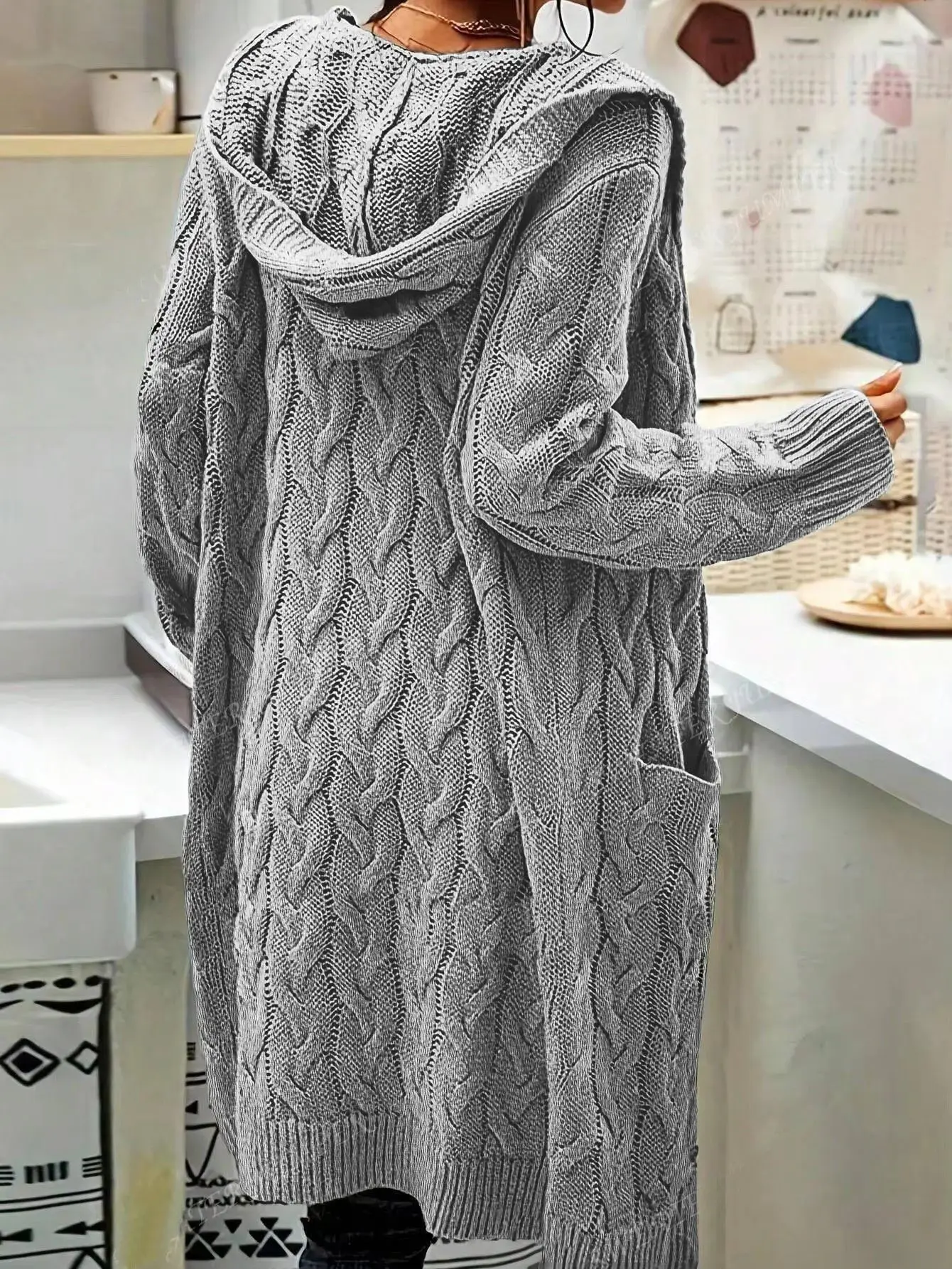 Women's Grey Thick Needle Sweater Cardigan Jacket Large — feature 34