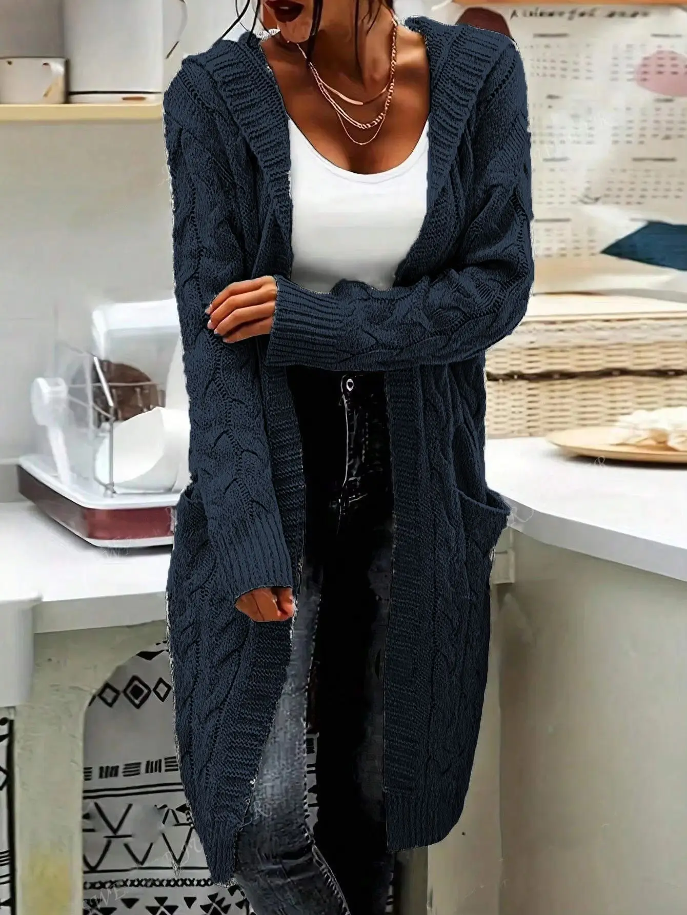 Women's Grey Thick Needle Sweater Cardigan Jacket Large — feature 36