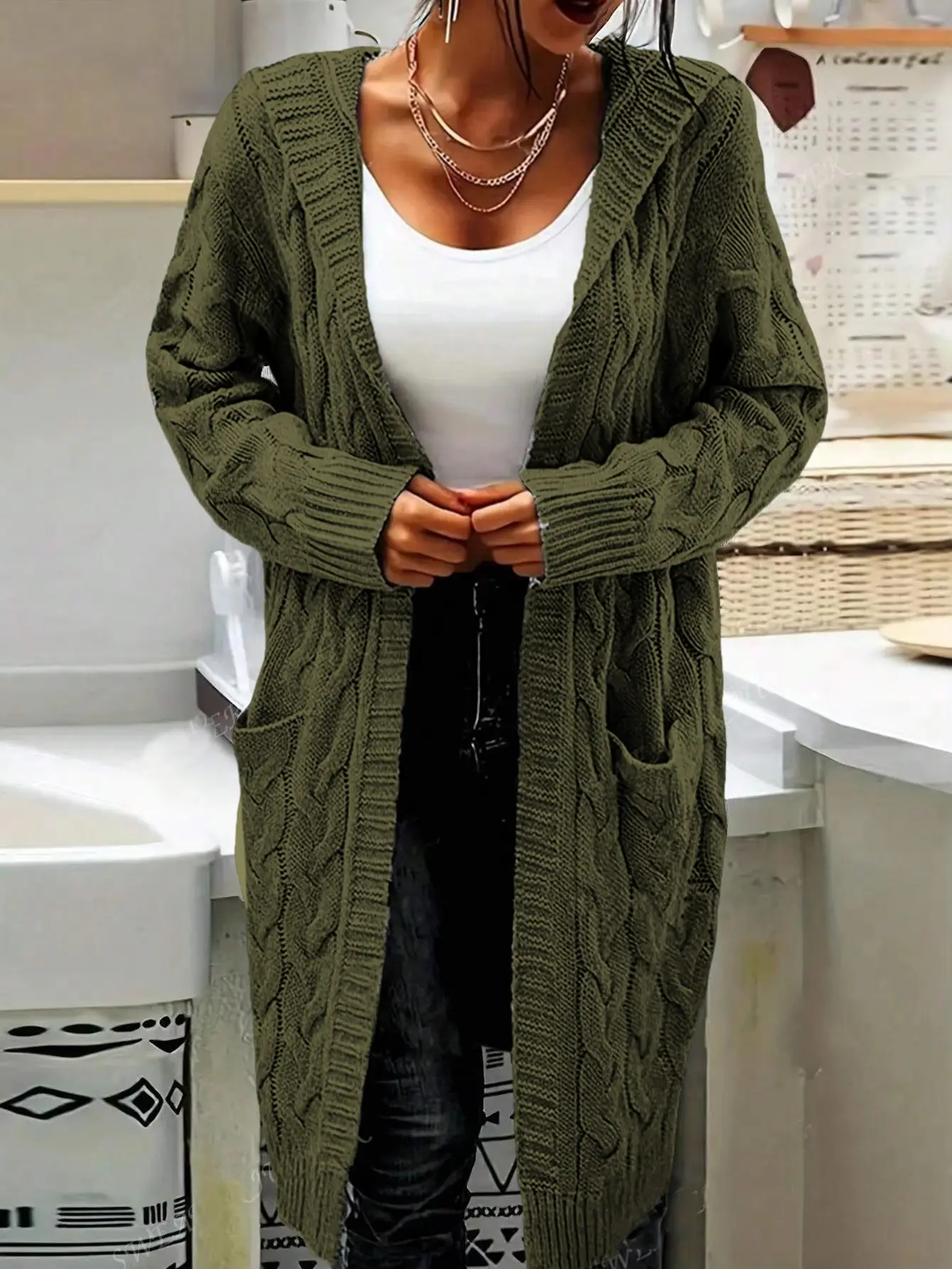 Women's Grey Thick Needle Sweater Cardigan Jacket Large — feature 46