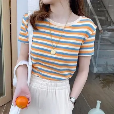 Women Striped T-shirt 2021 Summer Slim Fit White - Image 4