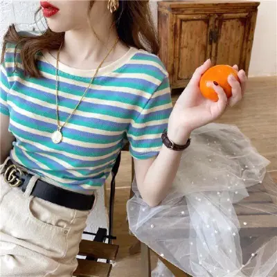 Women Striped T-shirt 2021 Summer Slim Fit White - Image 5