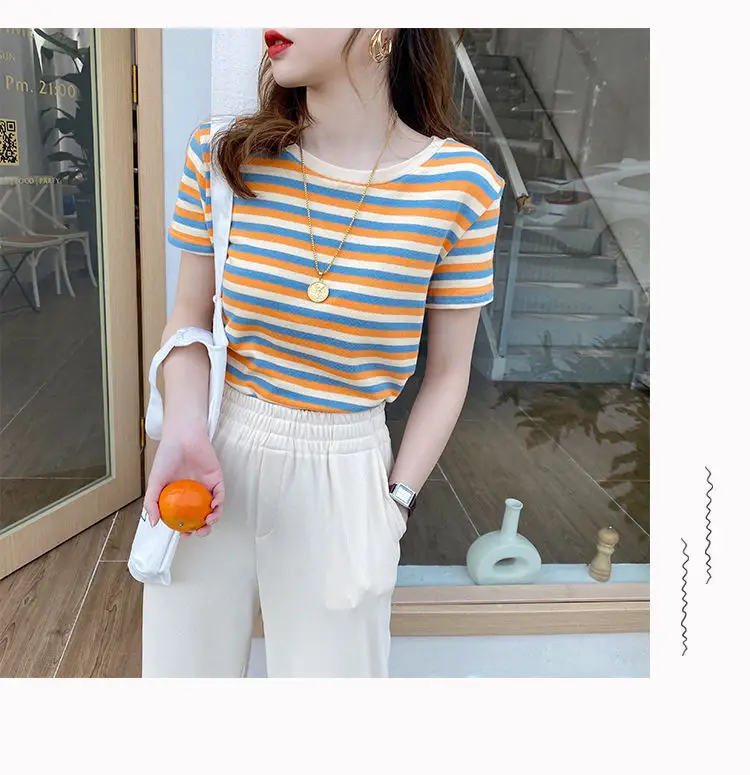 Women Striped T-shirt 2021 Summer Slim Fit White — feature 5