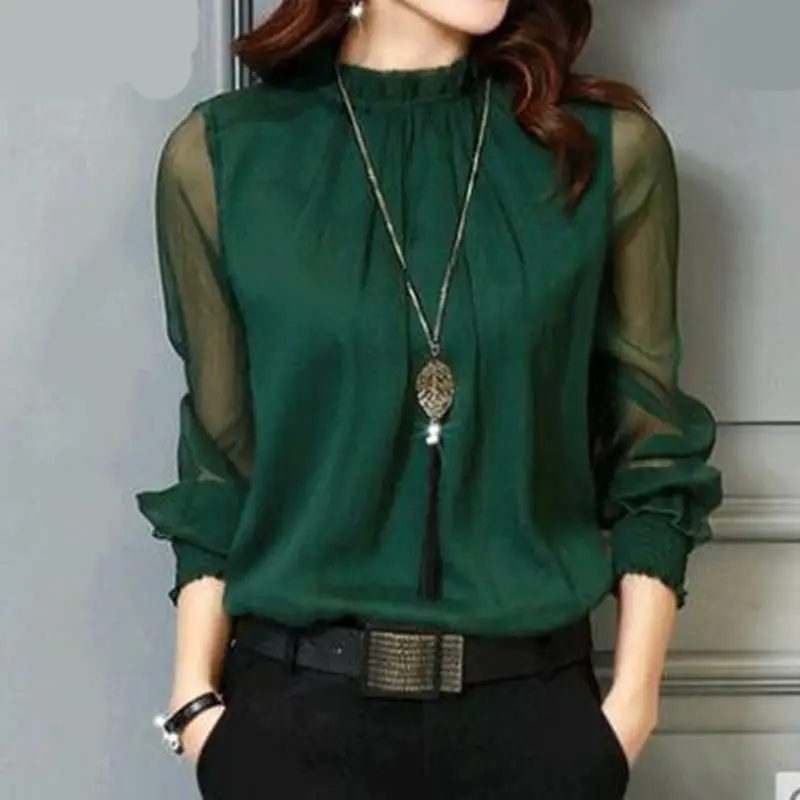 Green Lace Chiffon Ruffled Long Sleeve Top Plus Size - Image 8