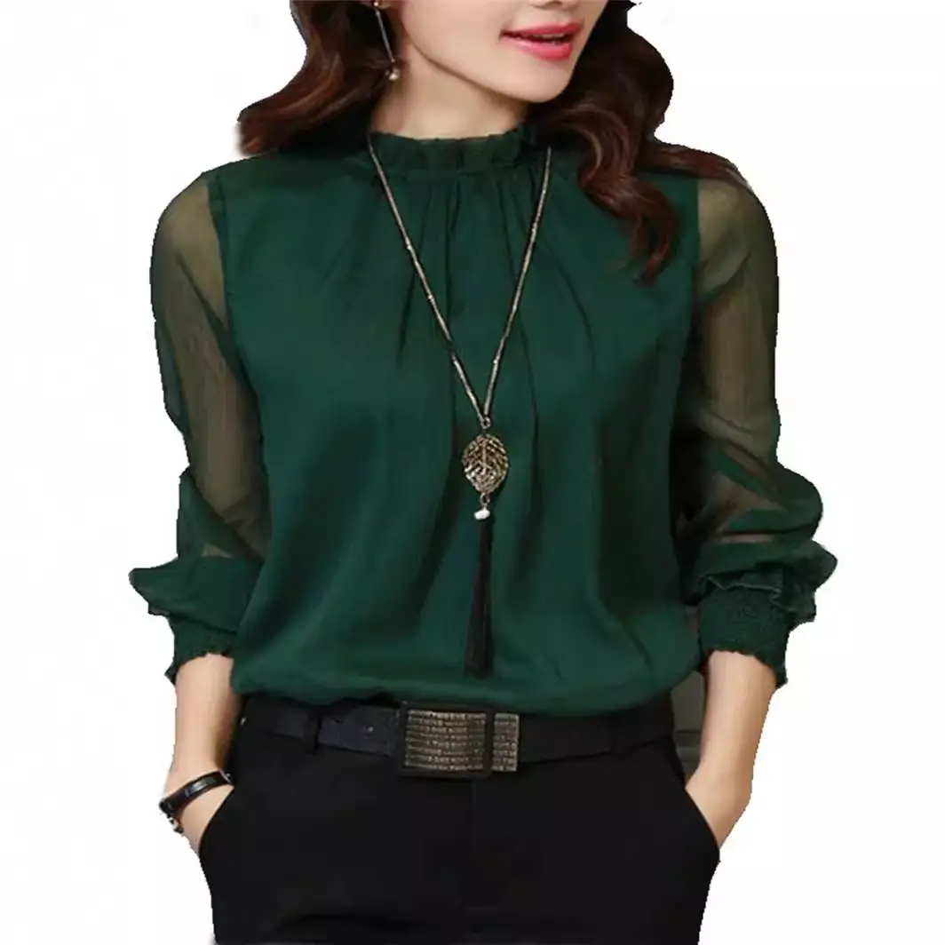 Green Lace Chiffon Ruffled Long Sleeve Top Plus Size - Image 10